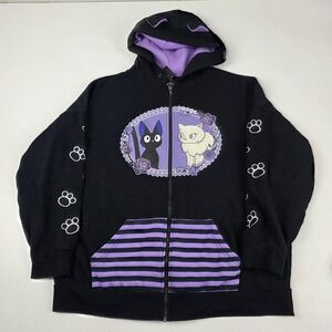 Studio Ghibli Kikis Delivery Service Hoodie Womens L Black Cat Graphic Full Zip